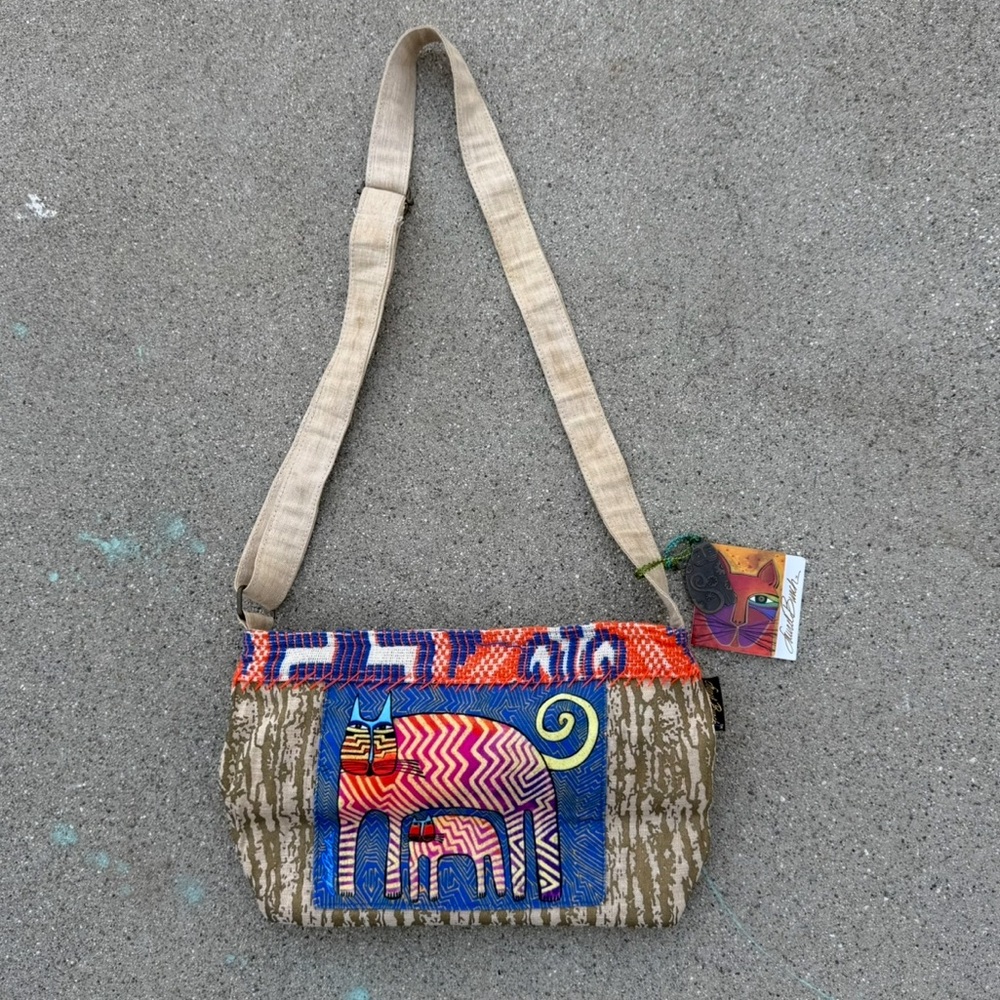 NWT Laurel Burch Embroidered Tote bag zig zag gatos